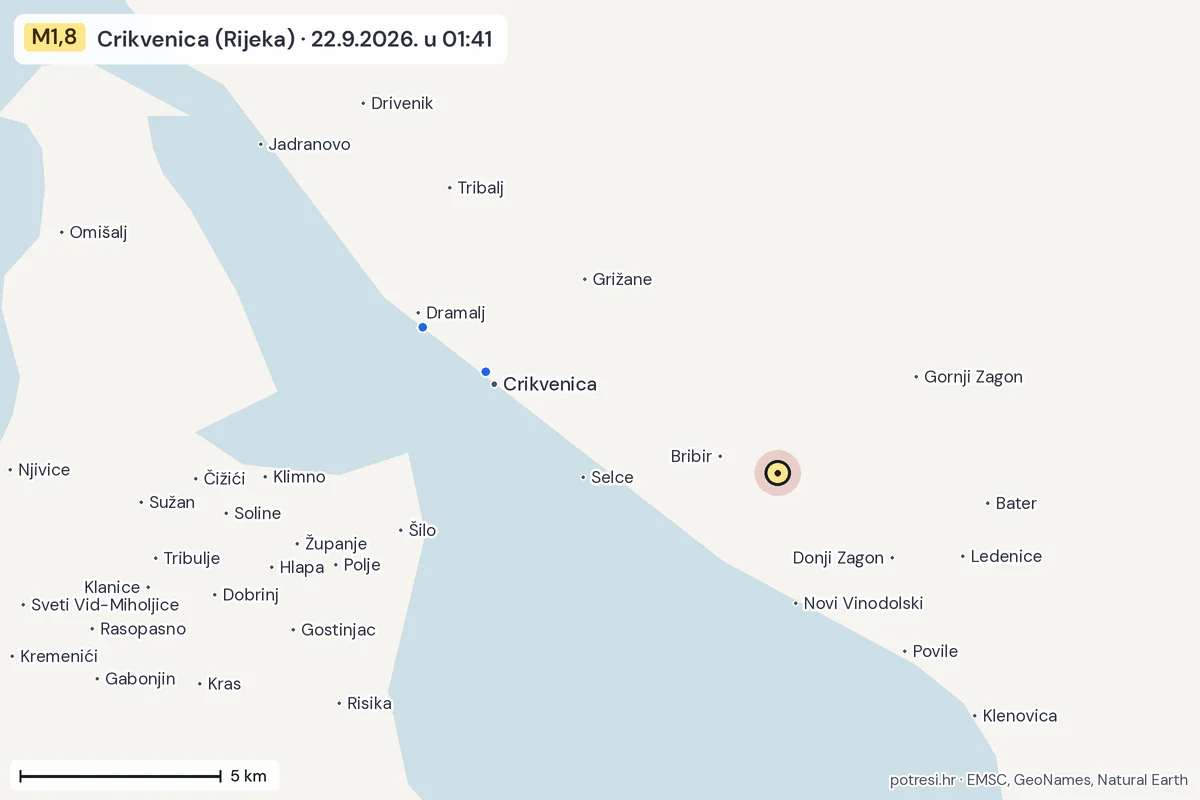 Karta: izvješća građana, potres M1,8, Crikvenica (Rijeka), 22.9.2026.