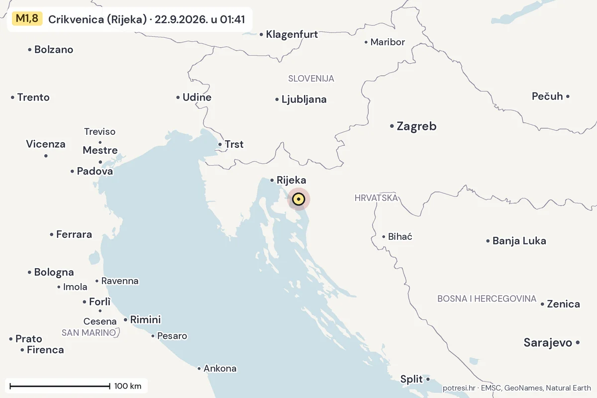 Karta: šire područje, 600 km, potres M1,8, Crikvenica (Rijeka), 22.9.2026.