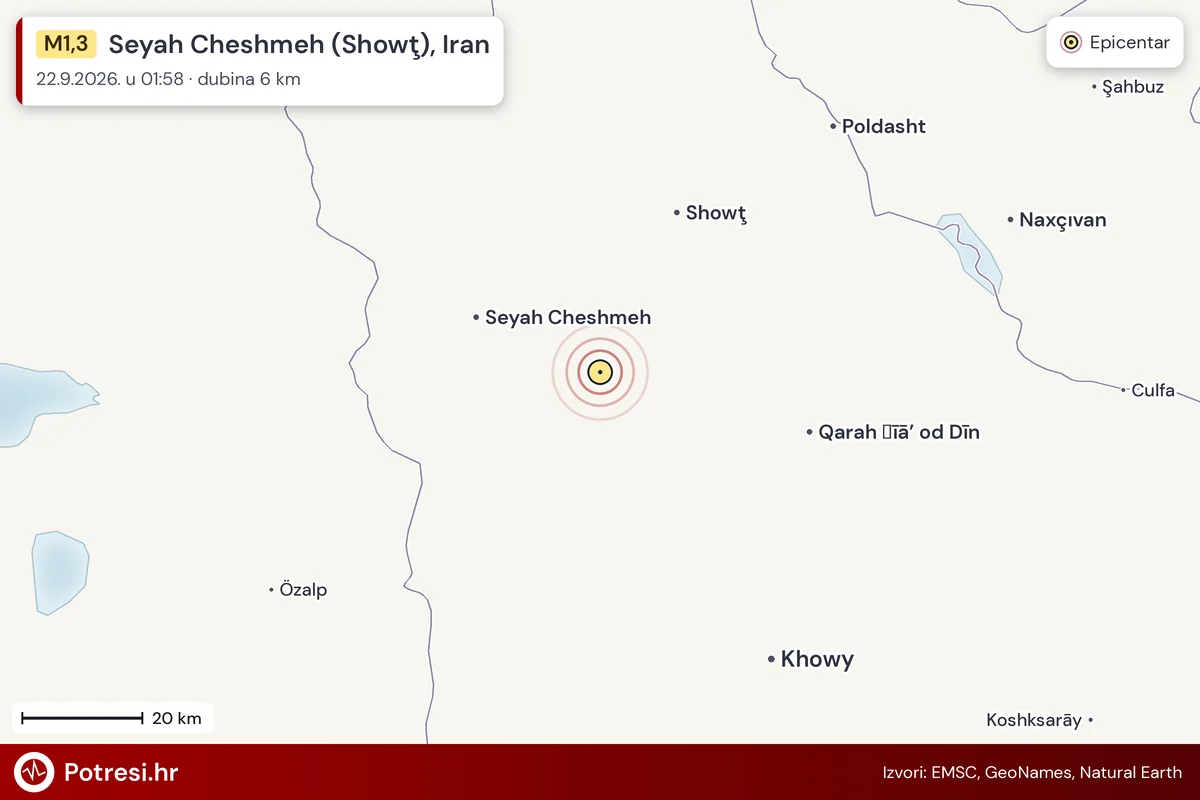 Karta: šire područje i vjerojatni doseg osjeta, potres M1,3, Seyah Cheshmeh (Showţ), Iran, 22.9.2026.