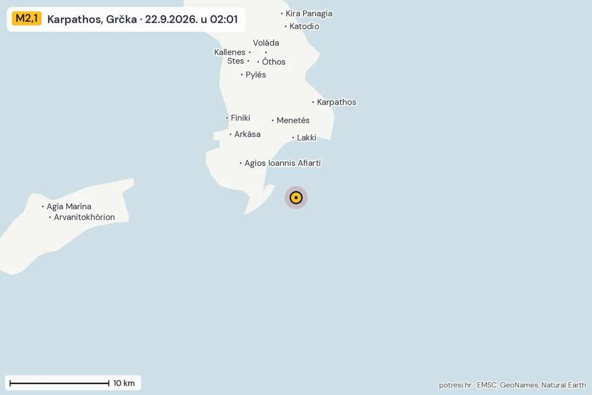 Karta: okolica epicentra, 60 km, potres M2,1, Karpathos, Grčka, 22.9.2026.