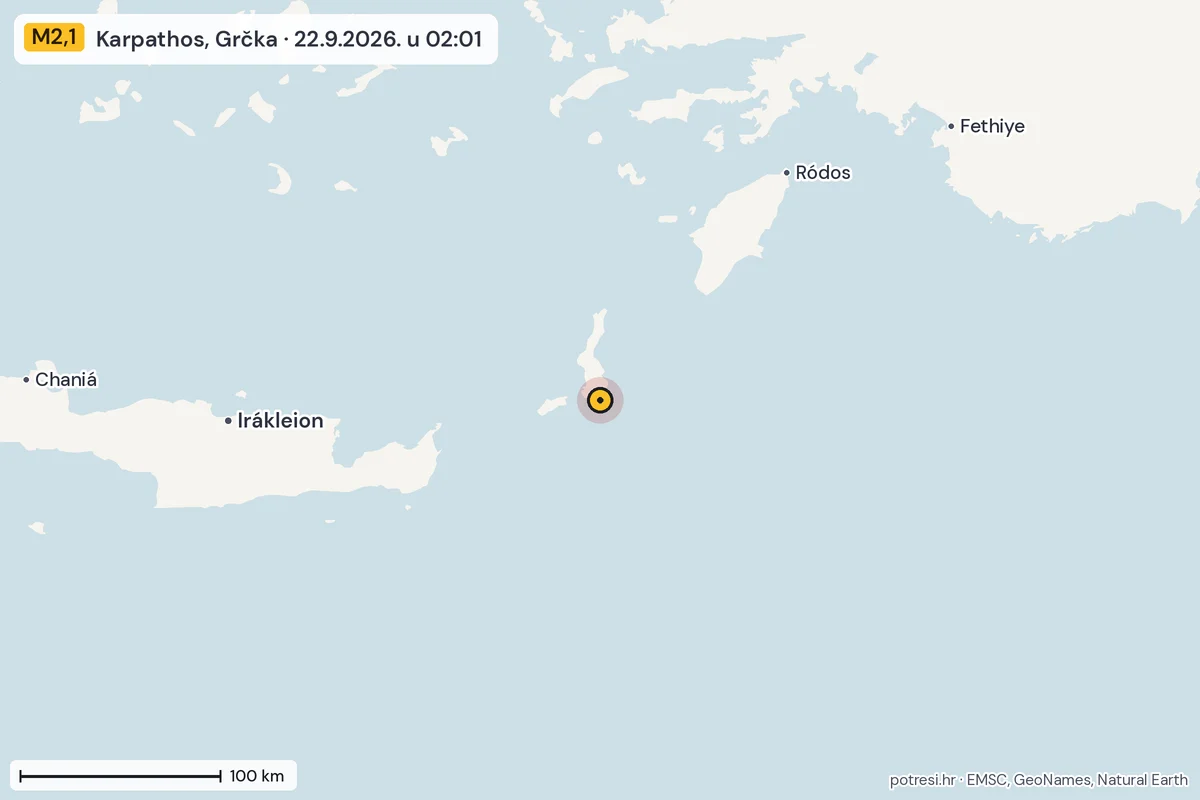 Karta: šire područje, 600 km, potres M2,1, Karpathos, Grčka, 22.9.2026.