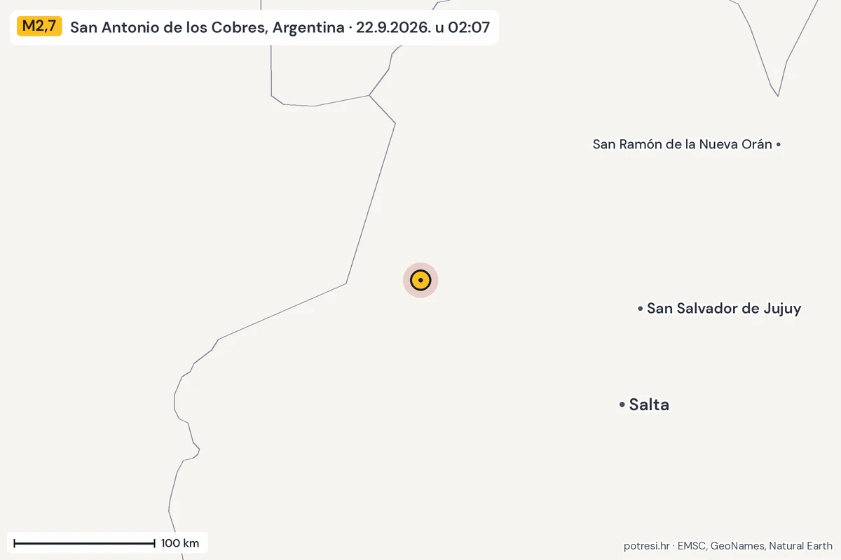Karta: šire područje, 600 km, potres M2,7, San Antonio de los Cobres, Argentina, 22.9.2026.