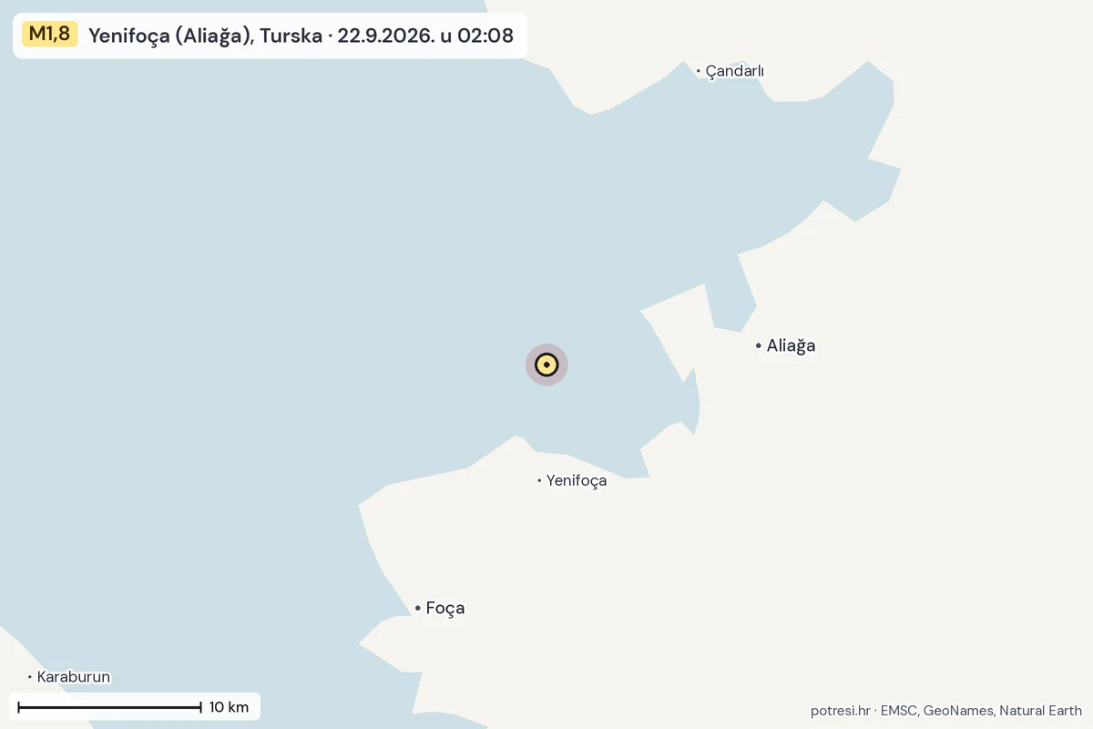 Karta: okolica epicentra, 60 km, potres M1,8, Yenifoça (Aliağa), Turska, 22.9.2026.
