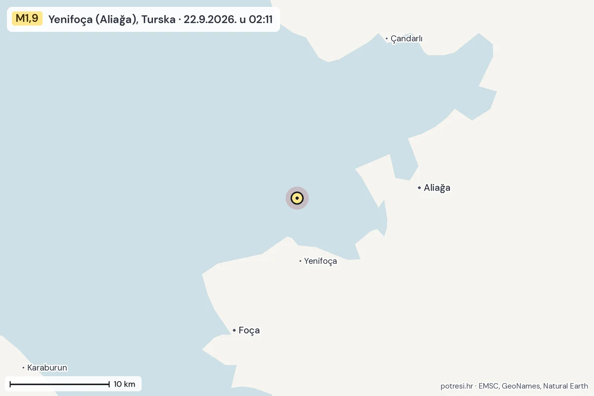 Karta: okolica epicentra, 60 km, potres M1,9, Yenifoça (Aliağa), Turska, 22.9.2026.