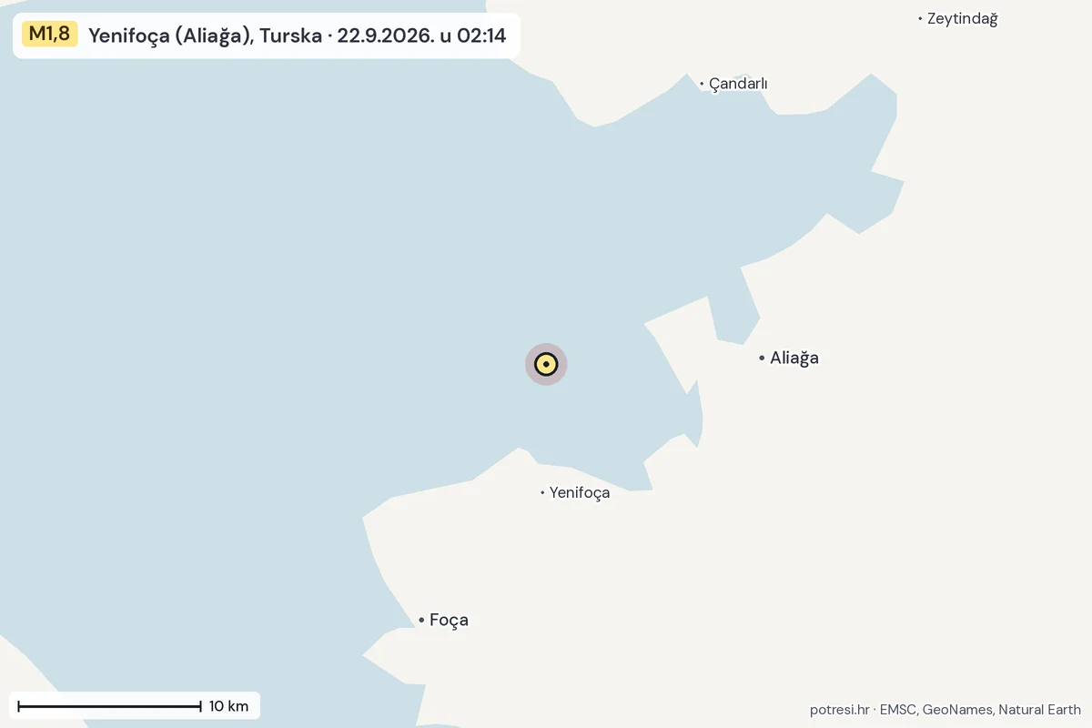 Karta: okolica epicentra, 60 km, potres M1,8, Yenifoça (Aliağa), Turska, 22.9.2026.