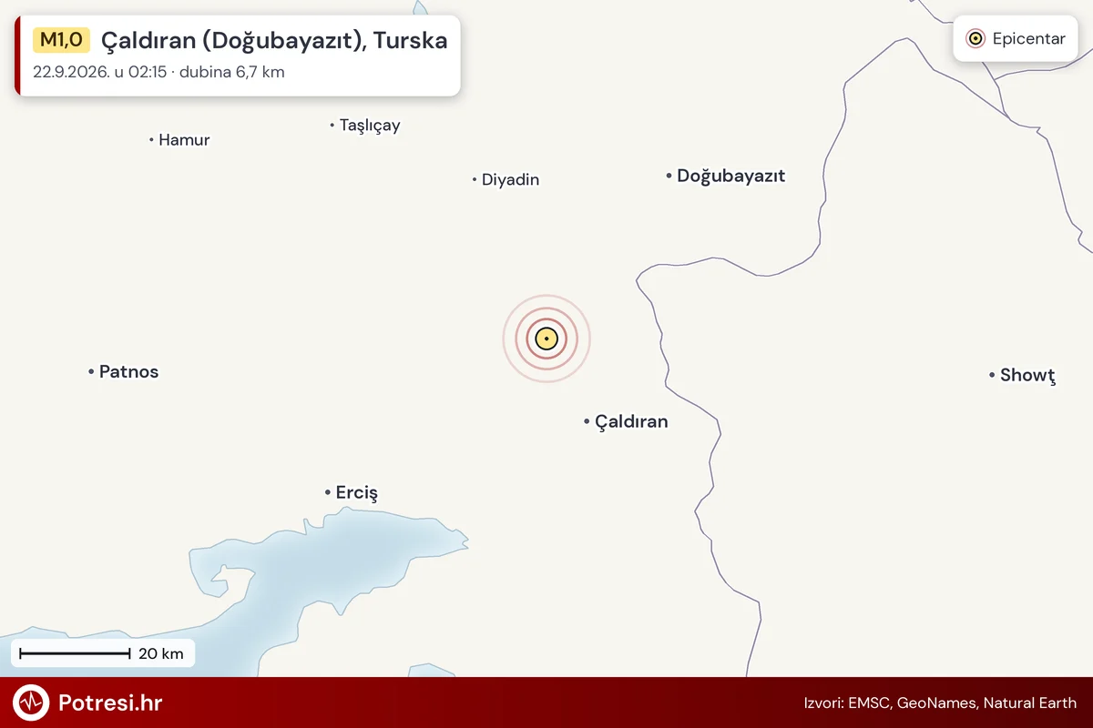 Karta: šire područje i vjerojatni doseg osjeta, potres M1,0, Çaldıran (Doğubayazıt), Turska, 22.9.2026.
