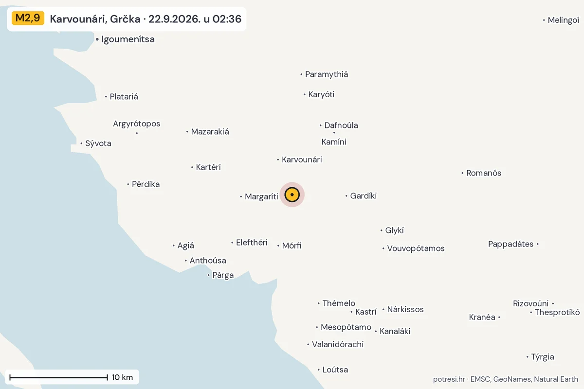 Karta: okolica epicentra, 60 km, potres M2,9, Karvounári, Grčka, 22.9.2026.