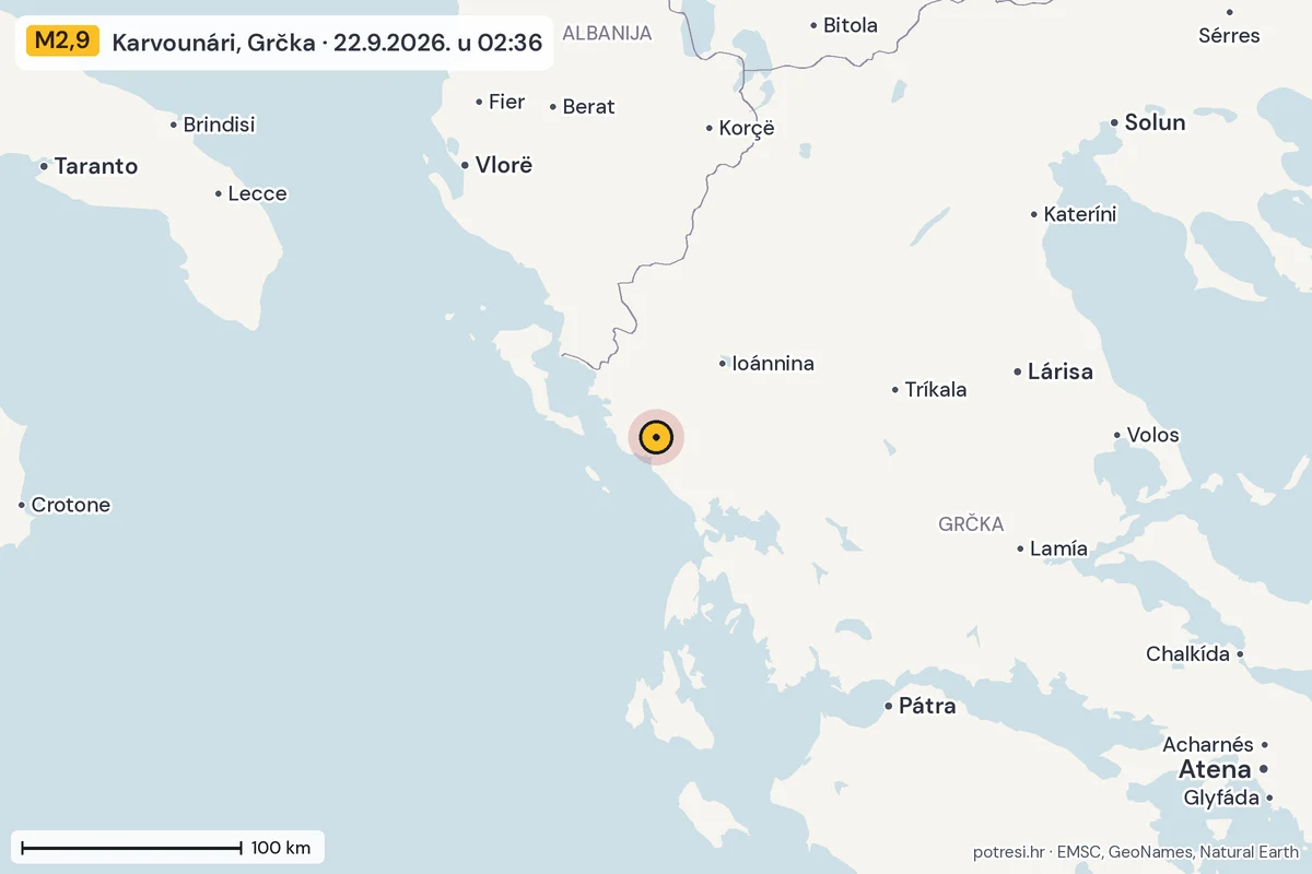 Karta: šire područje, 600 km, potres M2,9, Karvounári, Grčka, 22.9.2026.