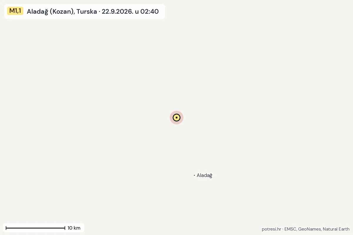 Karta: okolica epicentra, 60 km, potres M1,1, Aladağ (Kozan), Turska, 22.9.2026.