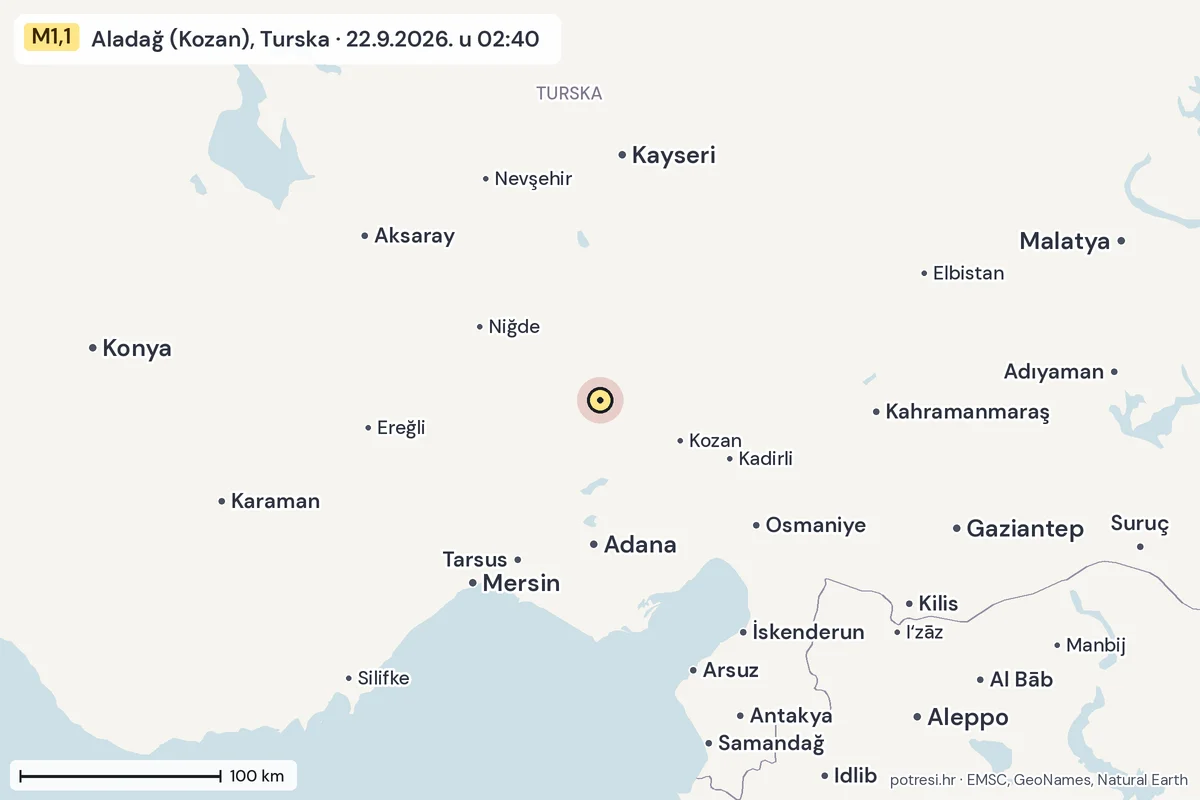 Karta: šire područje, 600 km, potres M1,1, Aladağ (Kozan), Turska, 22.9.2026.