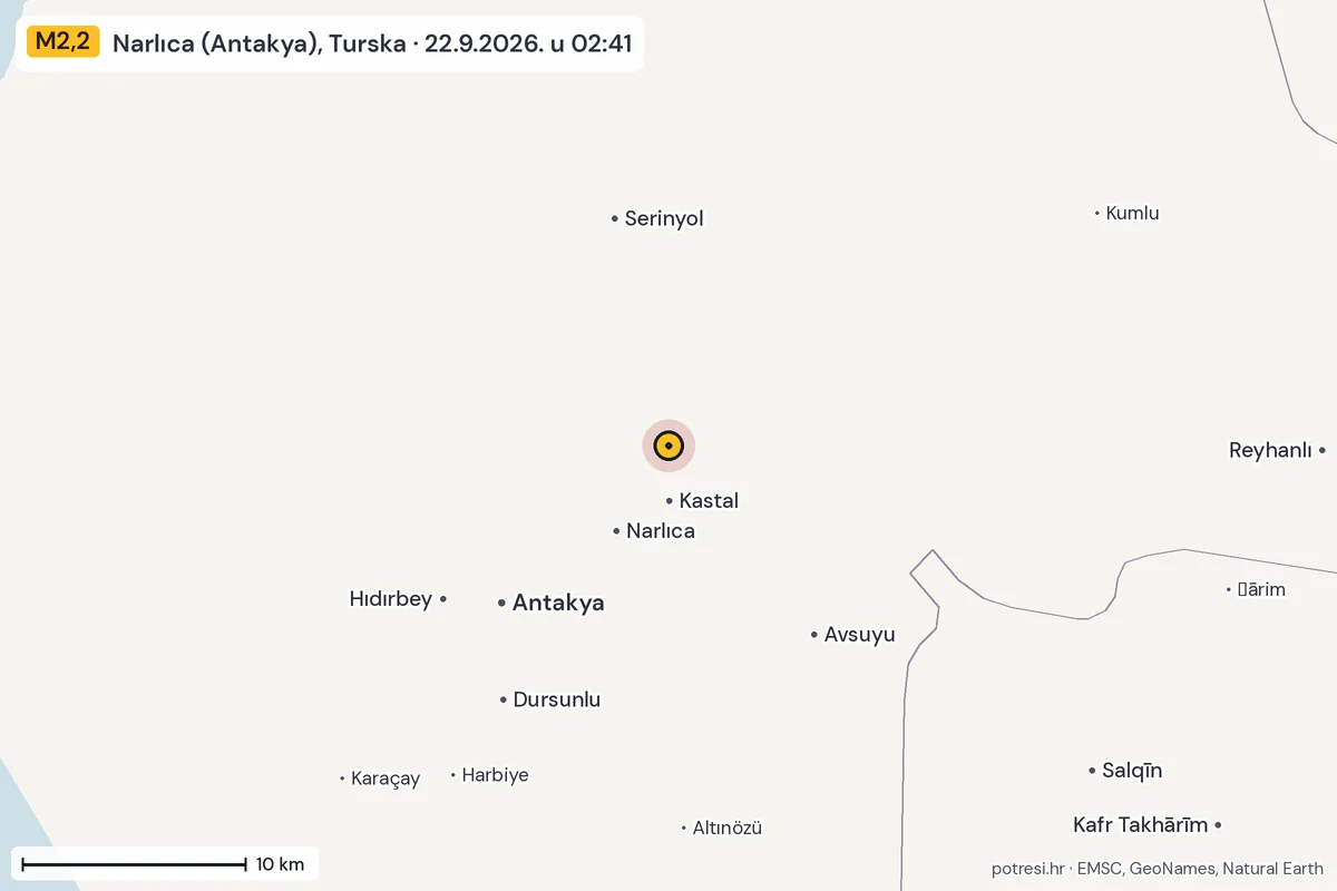 Karta: okolica epicentra, 60 km, potres M2,2, Narlıca (Antakya), Turska, 22.9.2026.