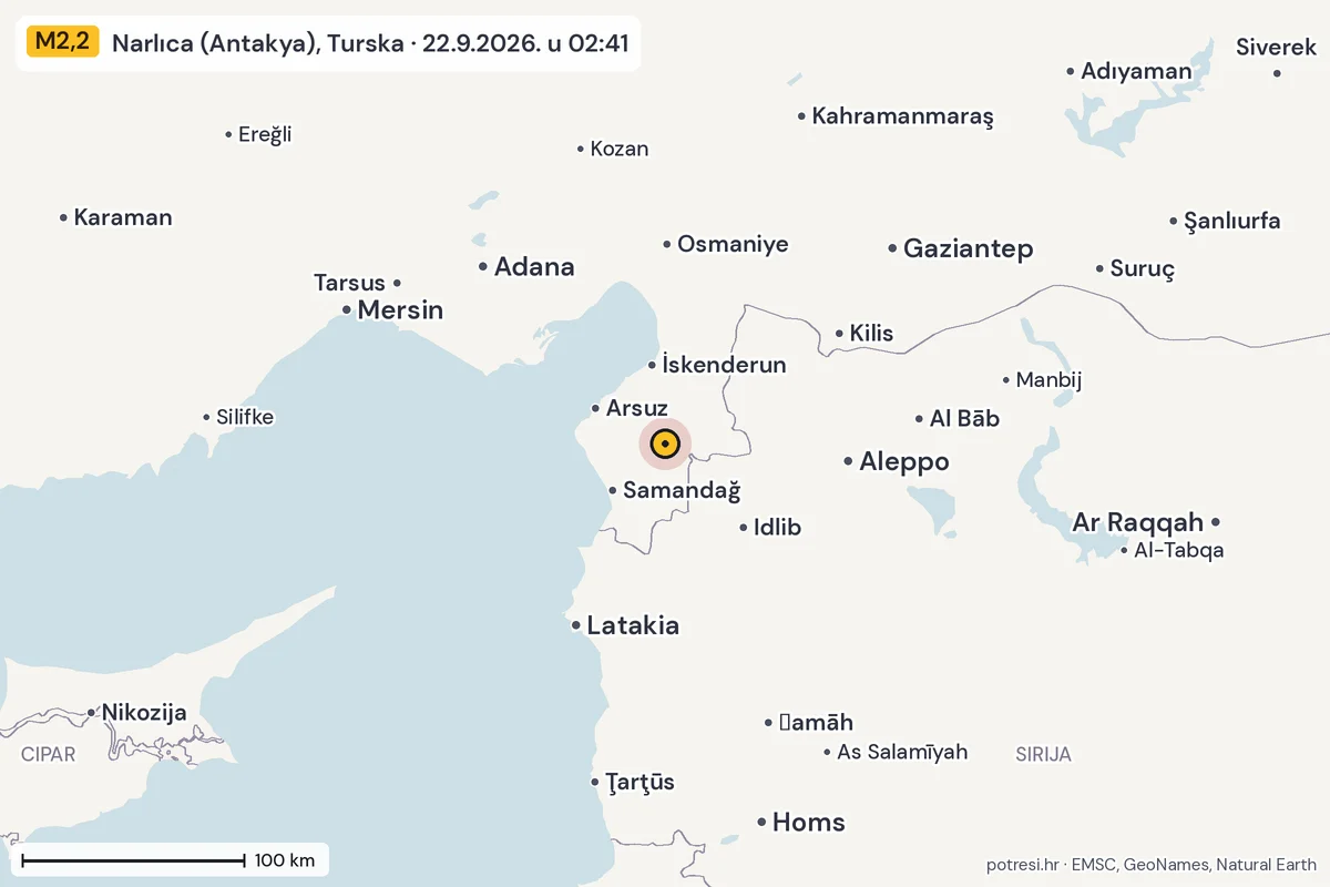 Karta: šire područje, 600 km, potres M2,2, Narlıca (Antakya), Turska, 22.9.2026.