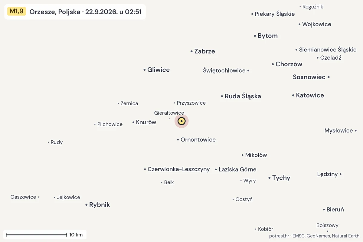 Karta: okolica epicentra, 60 km, potres M1,9, Orzesze, Poljska, 22.9.2026.