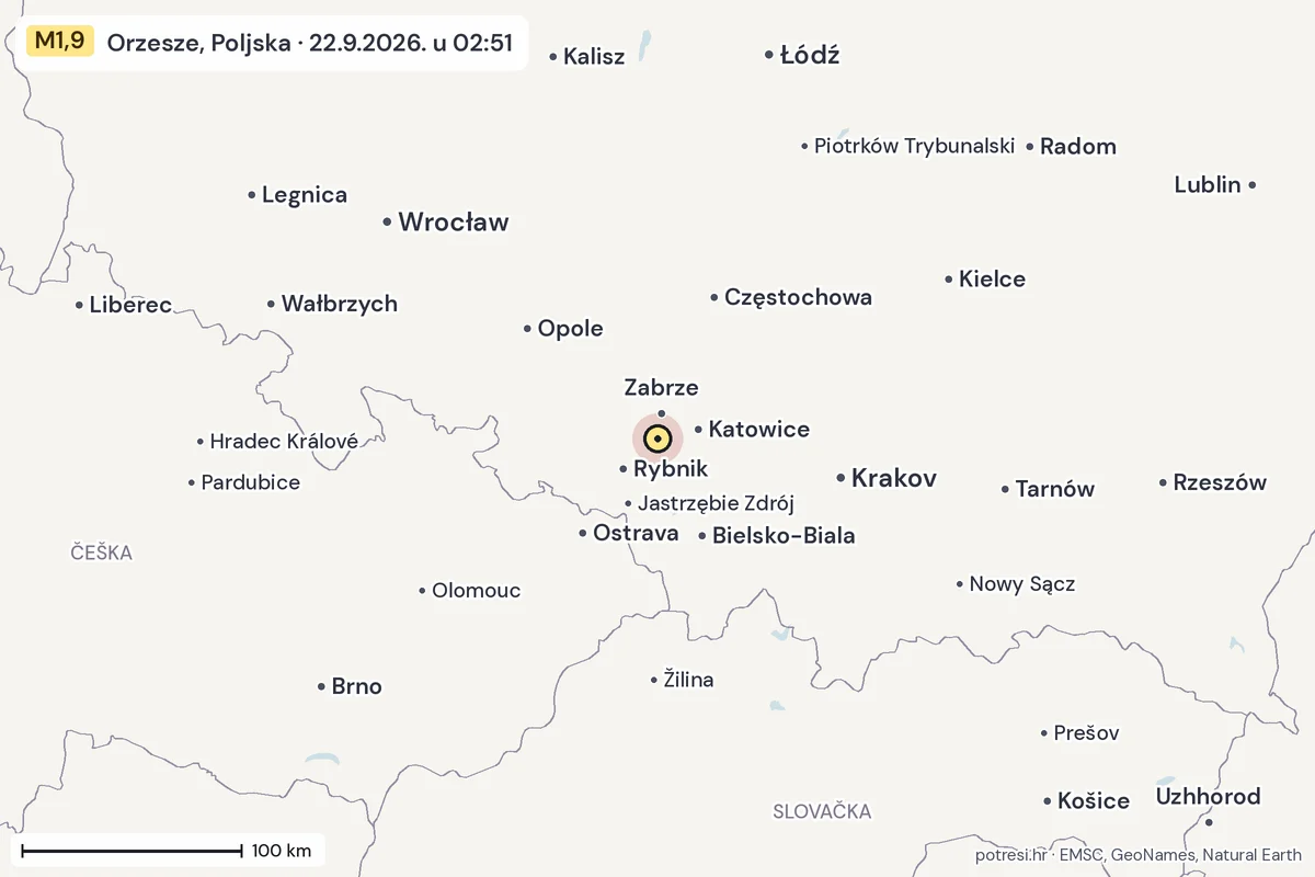 Karta: šire područje, 600 km, potres M1,9, Orzesze, Poljska, 22.9.2026.