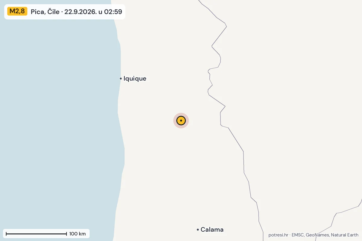 Karta: šire područje, 600 km, potres M2,8, Pica, Čile, 22.9.2026.