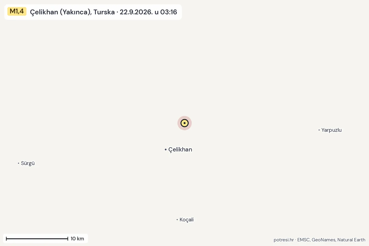 Karta: okolica epicentra, 60 km, potres M1,4, Çelikhan (Yakınca), Turska, 22.9.2026.