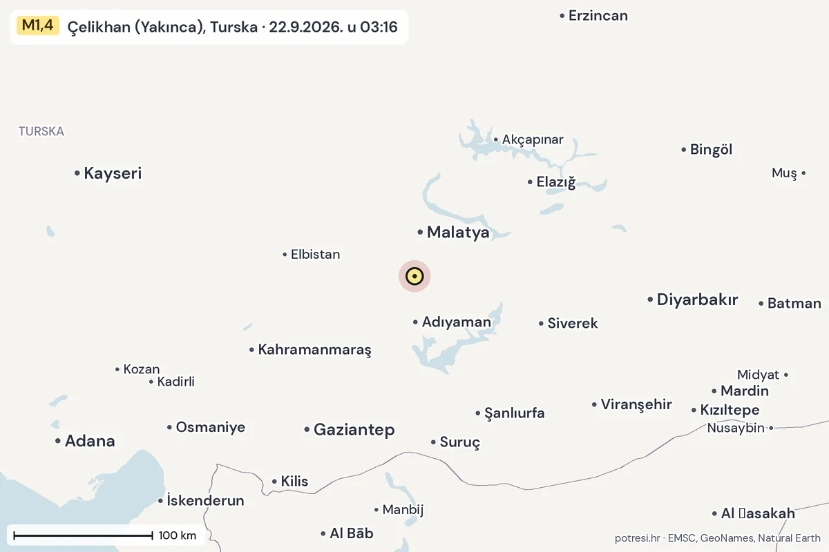 Karta: šire područje, 600 km, potres M1,4, Çelikhan (Yakınca), Turska, 22.9.2026.