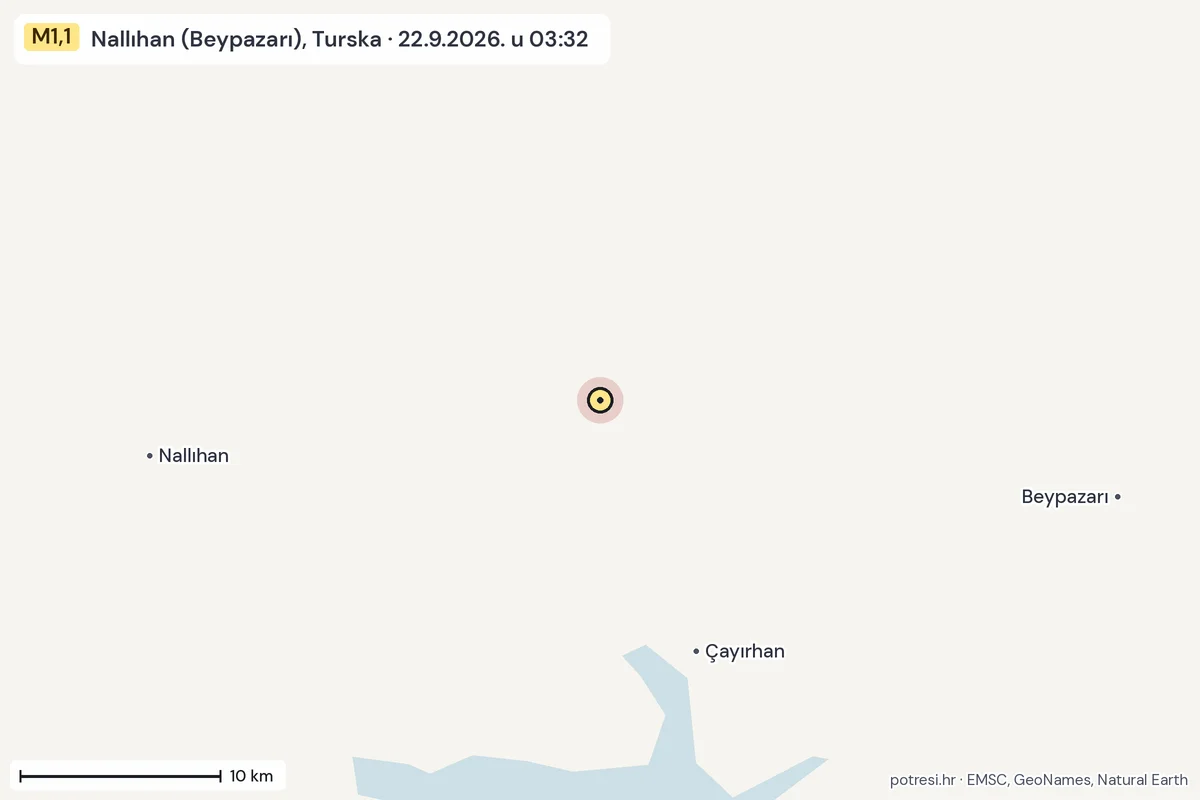 Karta: okolica epicentra, 60 km, potres M1,1, Nallıhan (Beypazarı), Turska, 22.9.2026.