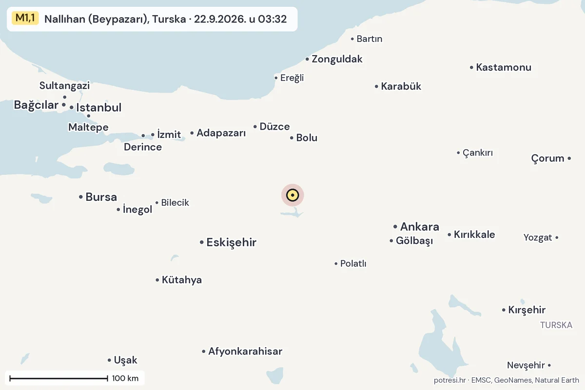 Karta: šire područje, 600 km, potres M1,1, Nallıhan (Beypazarı), Turska, 22.9.2026.