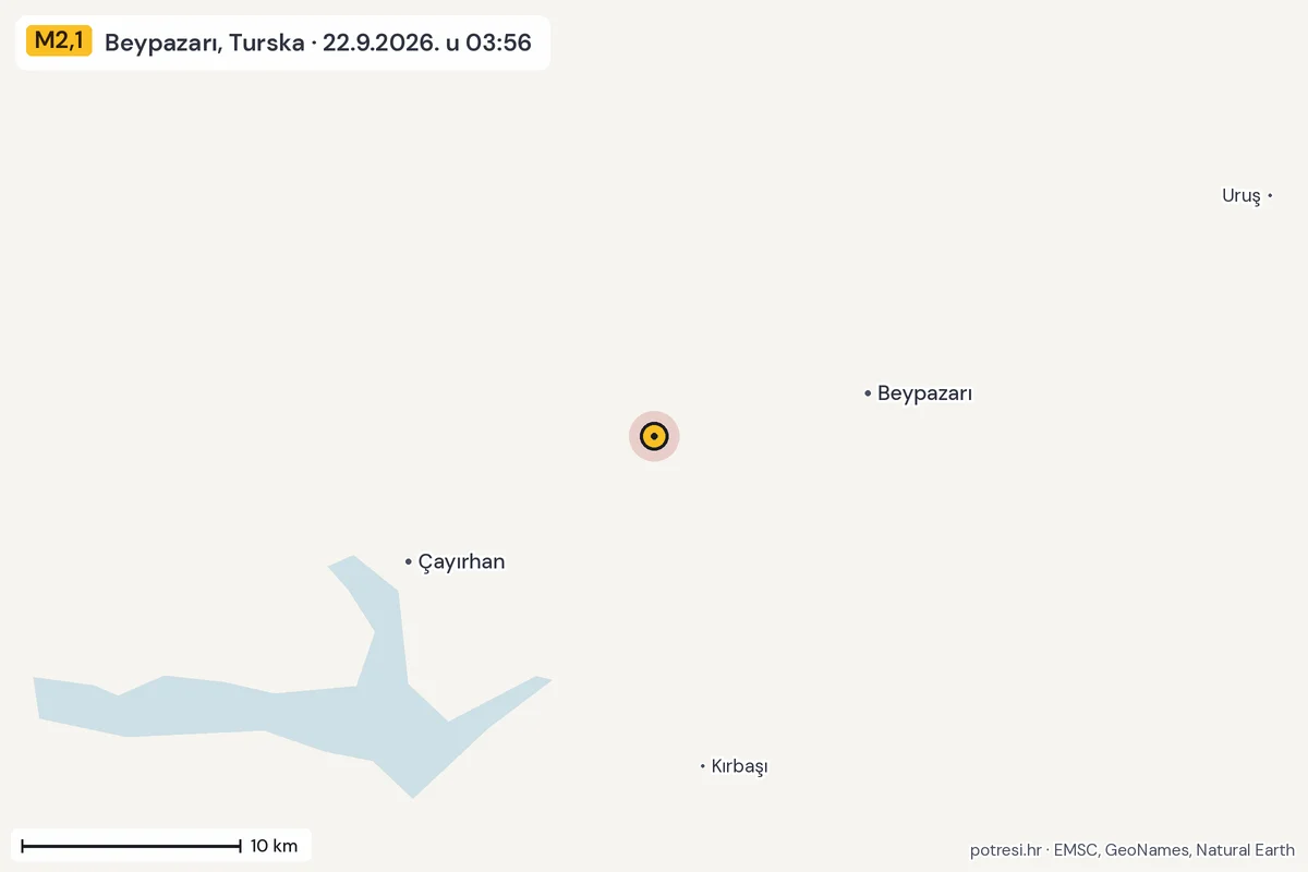 Karta: okolica epicentra, 60 km, potres M2,1, Beypazarı, Turska, 22.9.2026.