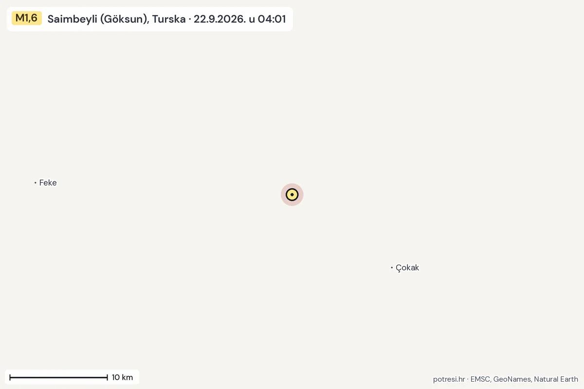 Karta: okolica epicentra, 60 km, potres M1,6, Saimbeyli (Göksun), Turska, 22.9.2026.