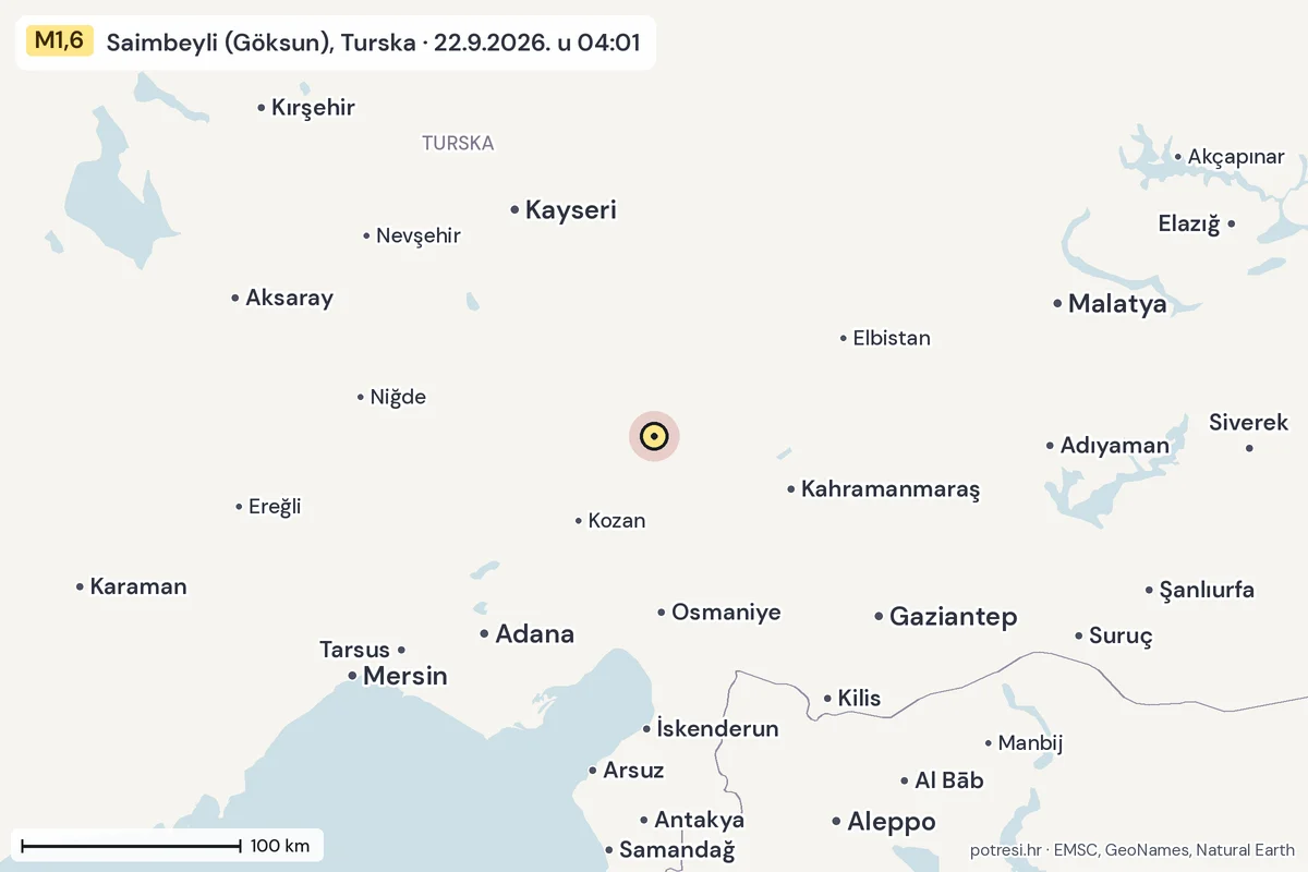 Karta: šire područje, 600 km, potres M1,6, Saimbeyli (Göksun), Turska, 22.9.2026.