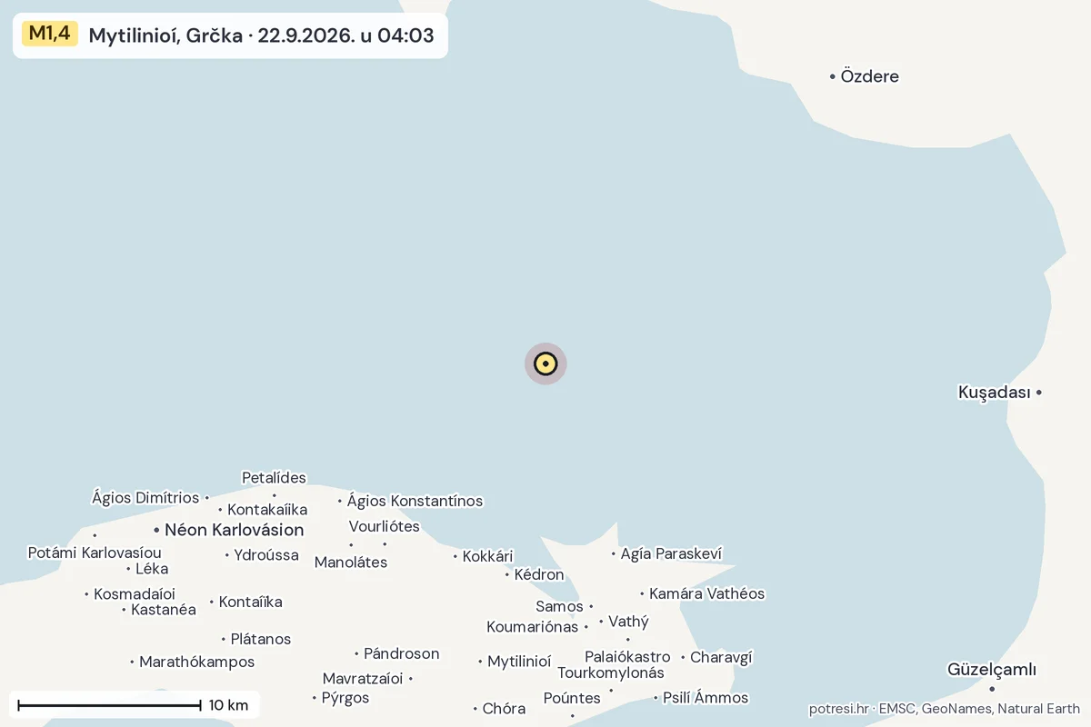 Karta: okolica epicentra, 60 km, potres M1,4, Mytilinioí, Grčka, 22.9.2026.