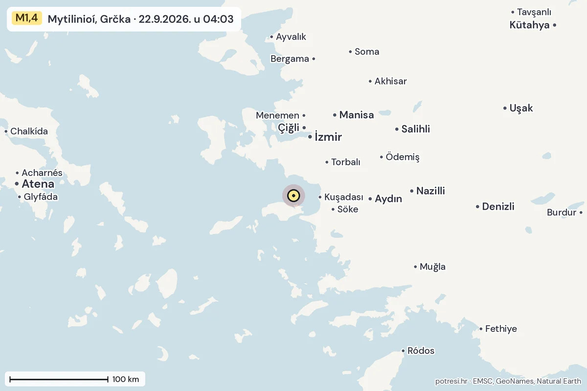 Karta: šire područje, 600 km, potres M1,4, Mytilinioí, Grčka, 22.9.2026.