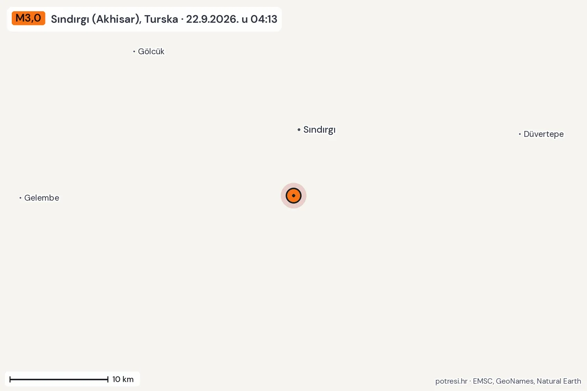 Karta: okolica epicentra, 60 km, potres M3,0, Sındırgı (Akhisar), Turska, 22.9.2026.