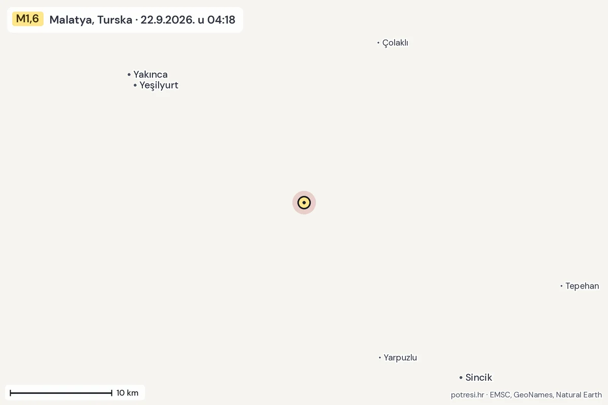 Karta: okolica epicentra, 60 km, potres M1,6, Malatya, Turska, 22.9.2026.