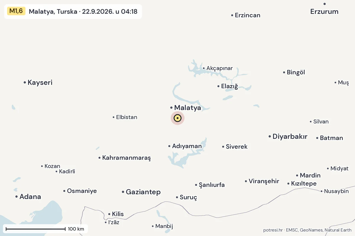 Karta: šire područje, 600 km, potres M1,6, Malatya, Turska, 22.9.2026.