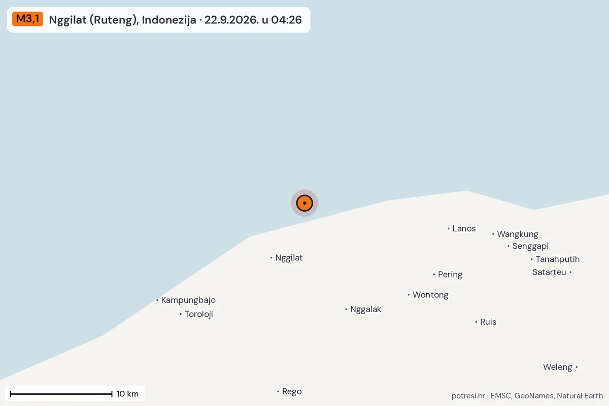 Karta: okolica epicentra, 60 km, potres M3,1, Nggilat (Ruteng), Indonezija, 22.9.2026.