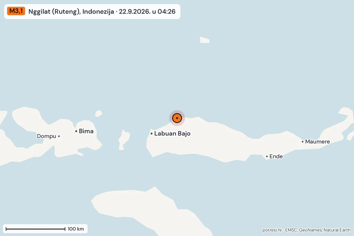 Karta: šire područje, 600 km, potres M3,1, Nggilat (Ruteng), Indonezija, 22.9.2026.