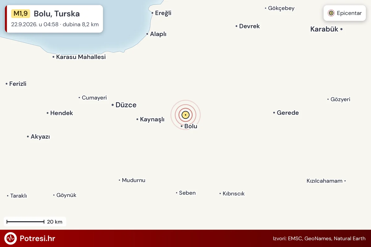 Karta: šire područje i vjerojatni doseg osjeta, potres M1,9, Bolu, Turska, 22.9.2026.