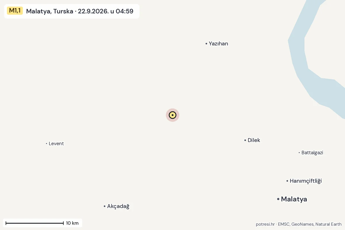 Karta: okolica epicentra, 60 km, potres M1,1, Malatya, Turska, 22.9.2026.