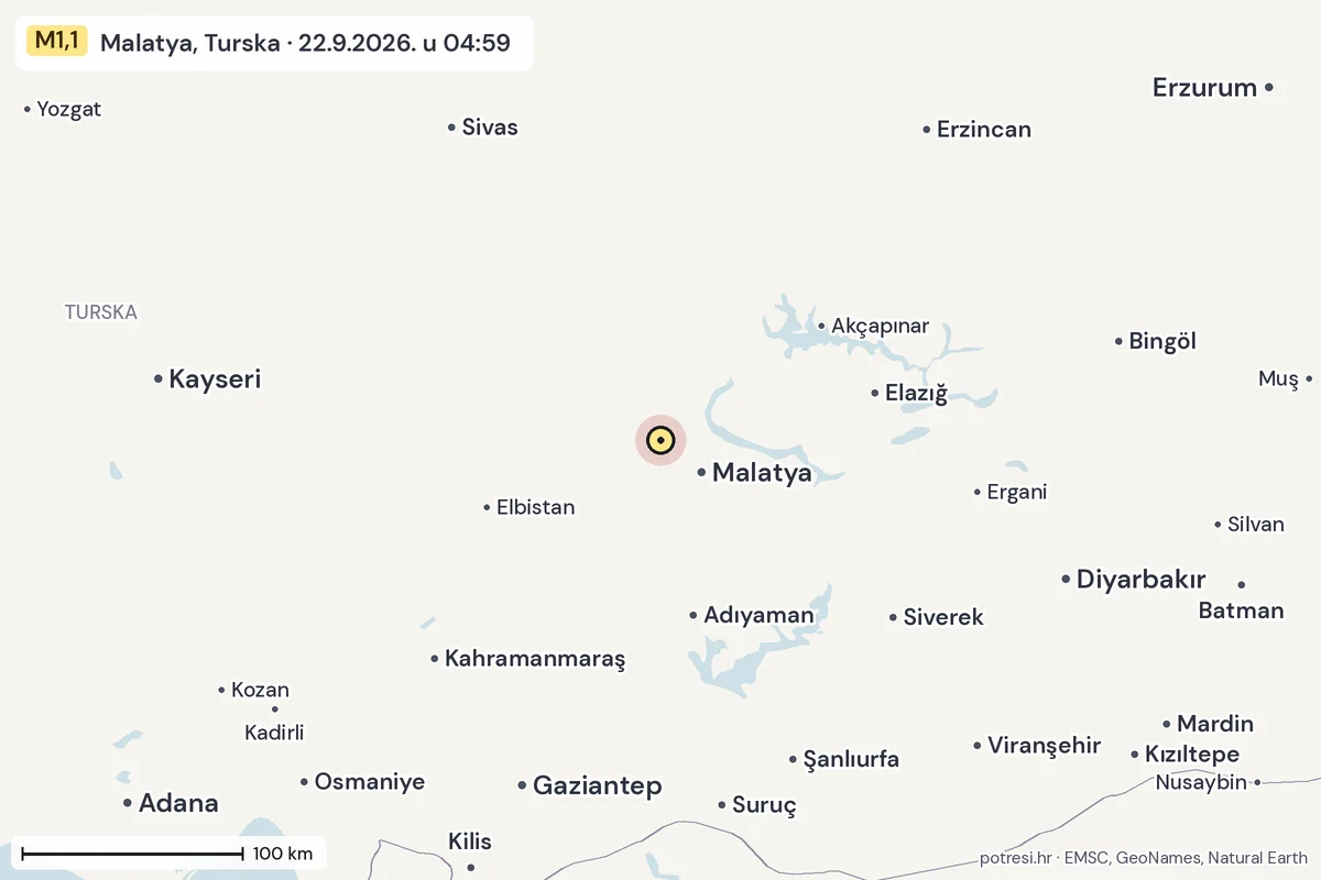 Karta: šire područje, 600 km, potres M1,1, Malatya, Turska, 22.9.2026.