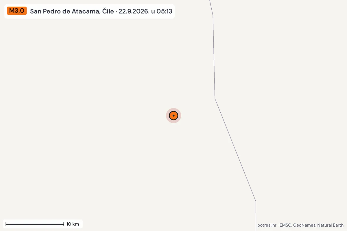 Karta: okolica epicentra, 60 km, potres M3,0, San Pedro de Atacama, Čile, 22.9.2026.
