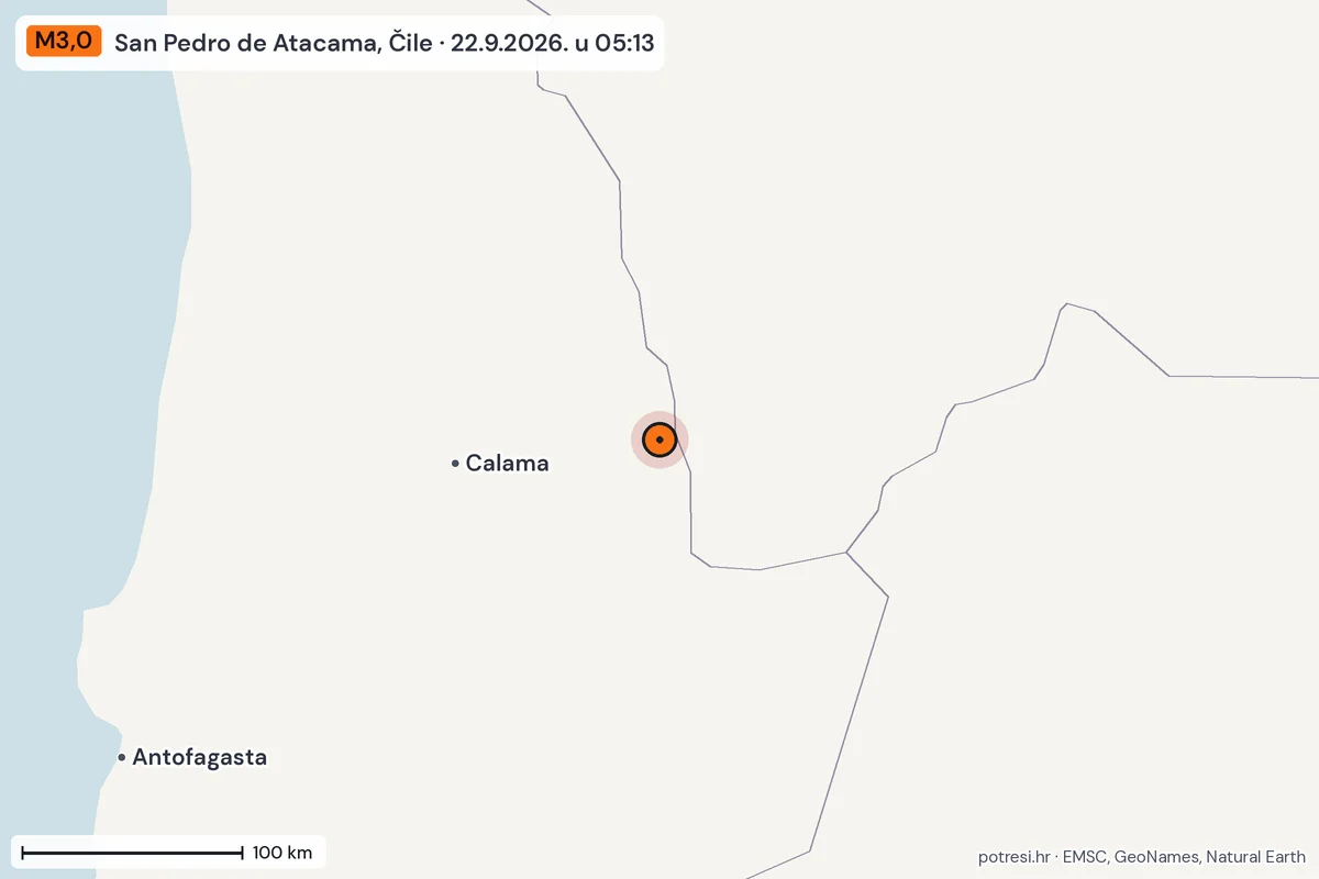 Karta: šire područje, 600 km, potres M3,0, San Pedro de Atacama, Čile, 22.9.2026.