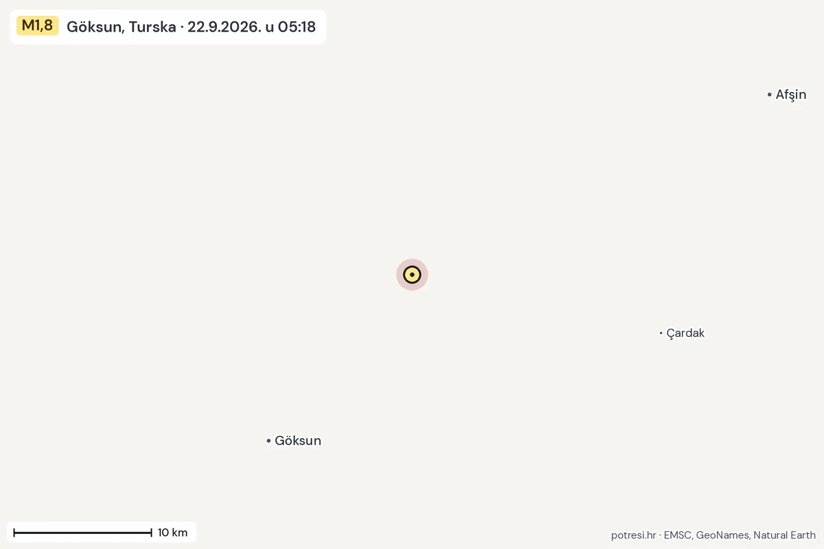 Karta: okolica epicentra, 60 km, potres M1,8, Göksun, Turska, 22.9.2026.