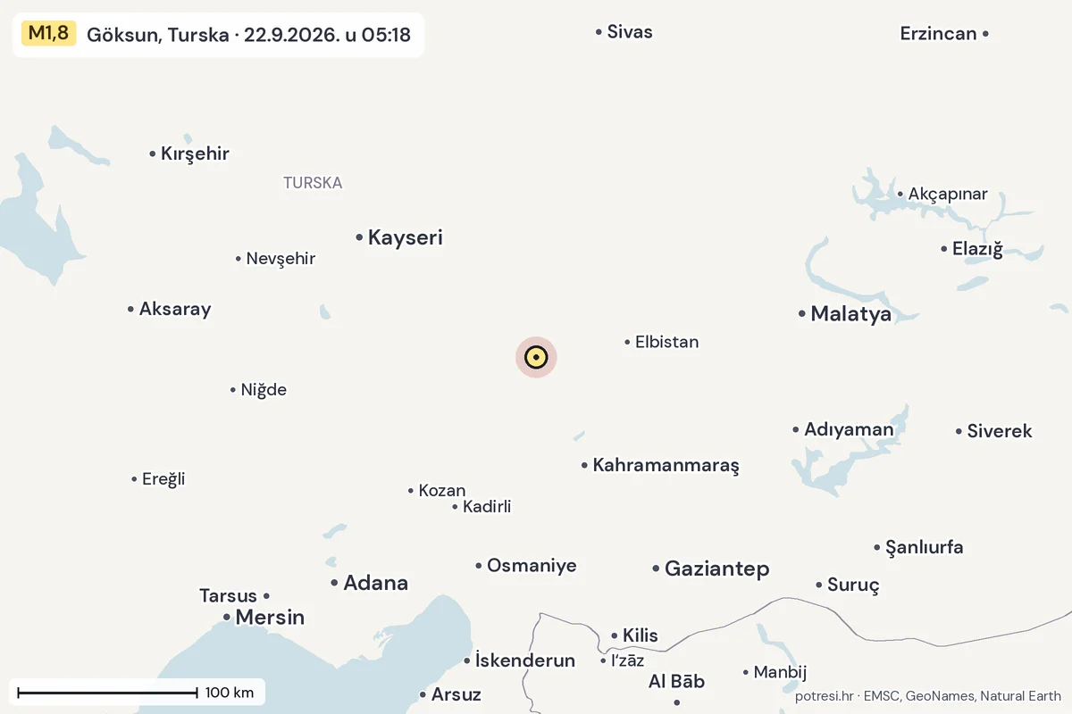 Karta: šire područje, 600 km, potres M1,8, Göksun, Turska, 22.9.2026.
