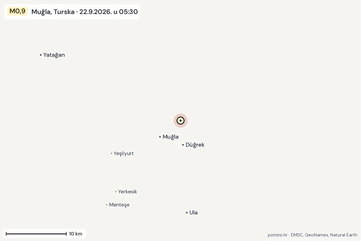 Karta: okolica epicentra, 60 km, potres M0,9, Muğla, Turska, 22.9.2026.
