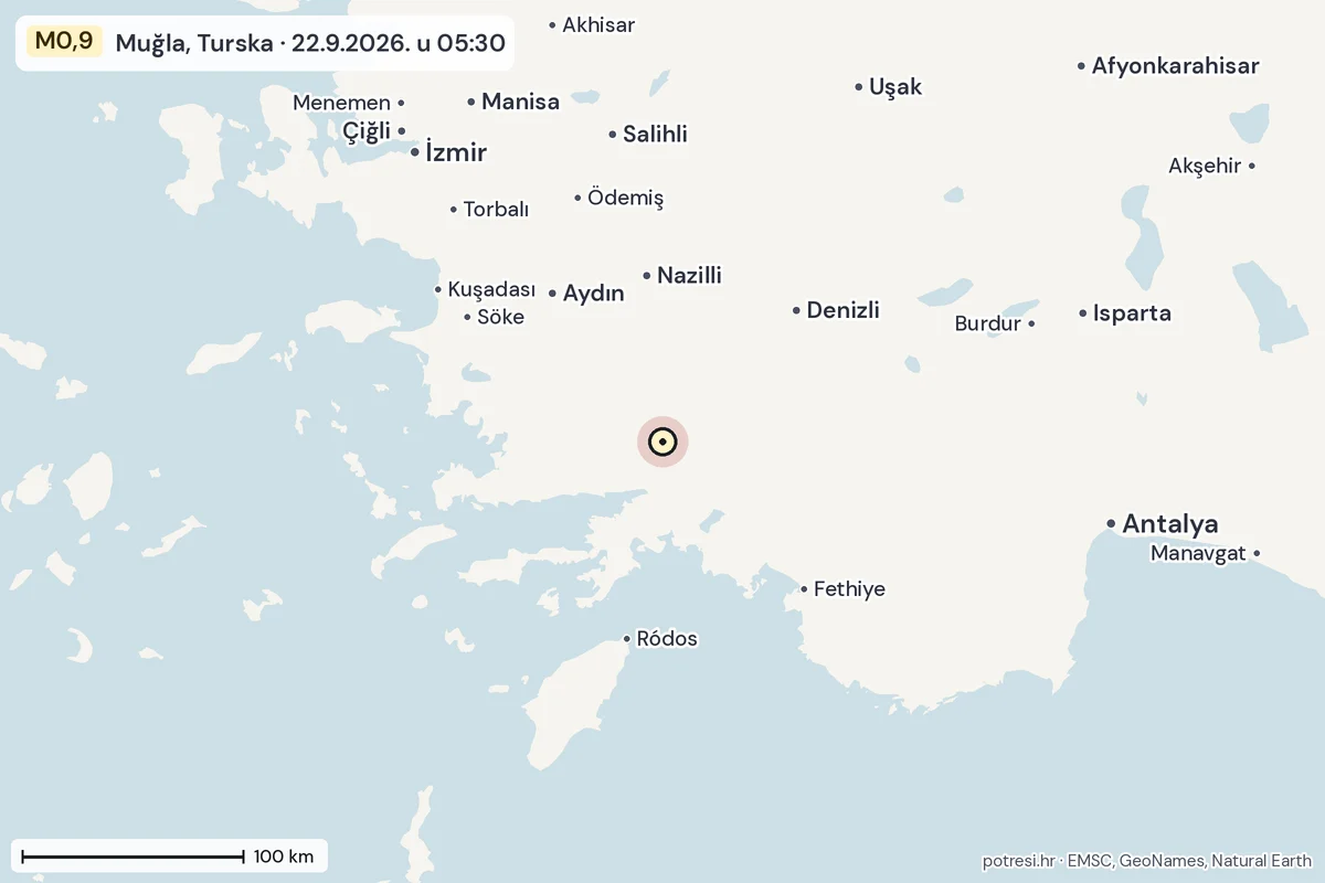 Karta: šire područje, 600 km, potres M0,9, Muğla, Turska, 22.9.2026.