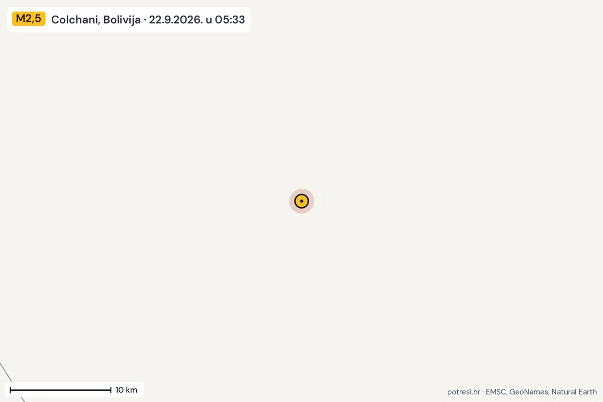 Karta: okolica epicentra, 60 km, potres M2,5, Colchani, Bolivija, 22.9.2026.
