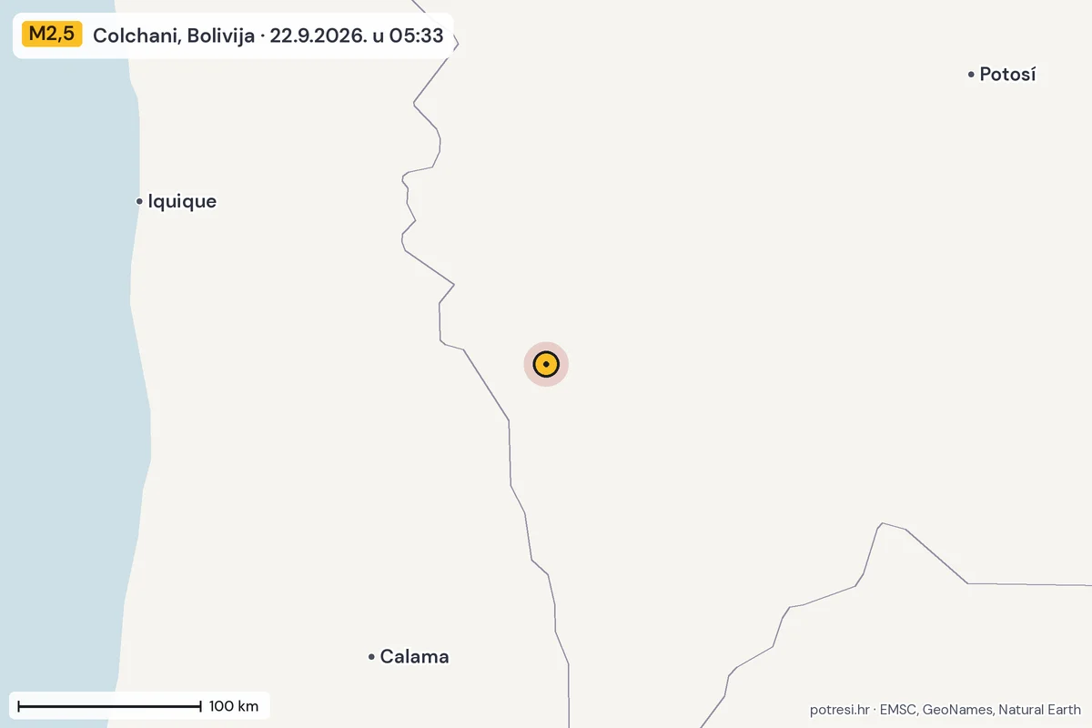 Karta: šire područje, 600 km, potres M2,5, Colchani, Bolivija, 22.9.2026.