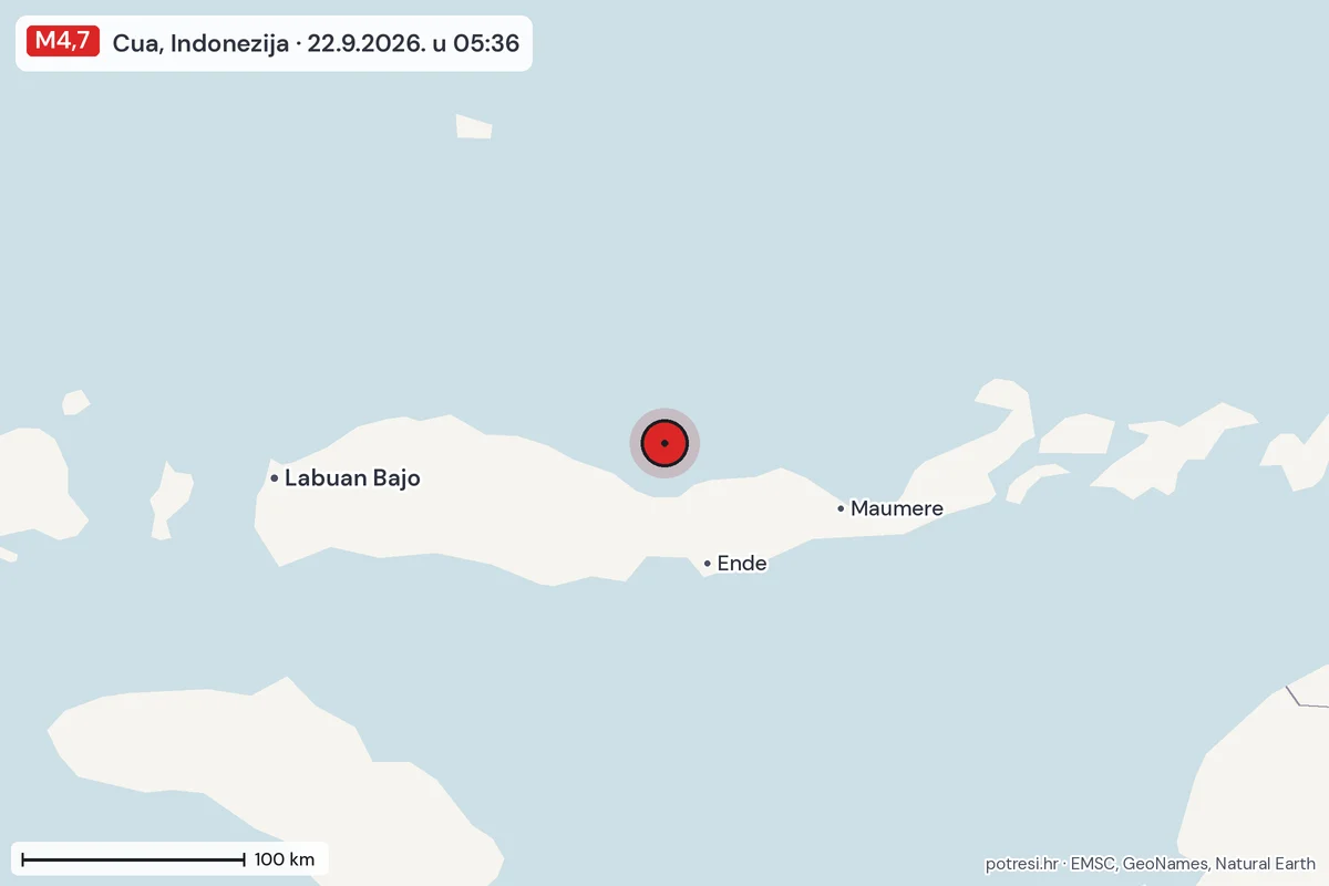 Karta: šire područje, 600 km, potres M4,7, Cua, Indonezija, 22.9.2026.