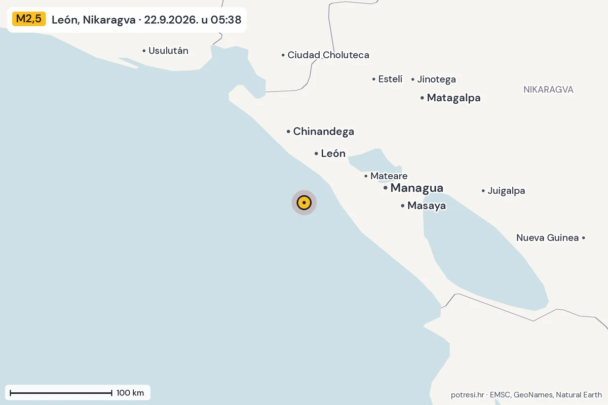 Karta: šire područje, 600 km, potres M2,5, León, Nikaragva, 22.9.2026.