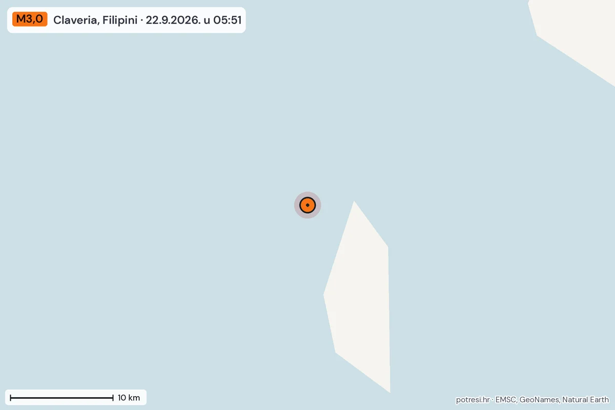 Karta: okolica epicentra, 60 km, potres M3,0, Claveria, Filipini, 22.9.2026.