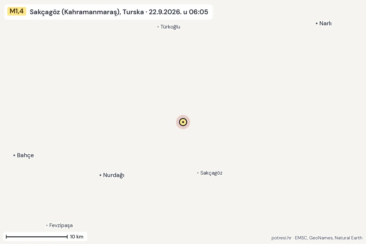 Karta: okolica epicentra, 60 km, potres M1,4, Sakçagöz (Kahramanmaraş), Turska, 22.9.2026.