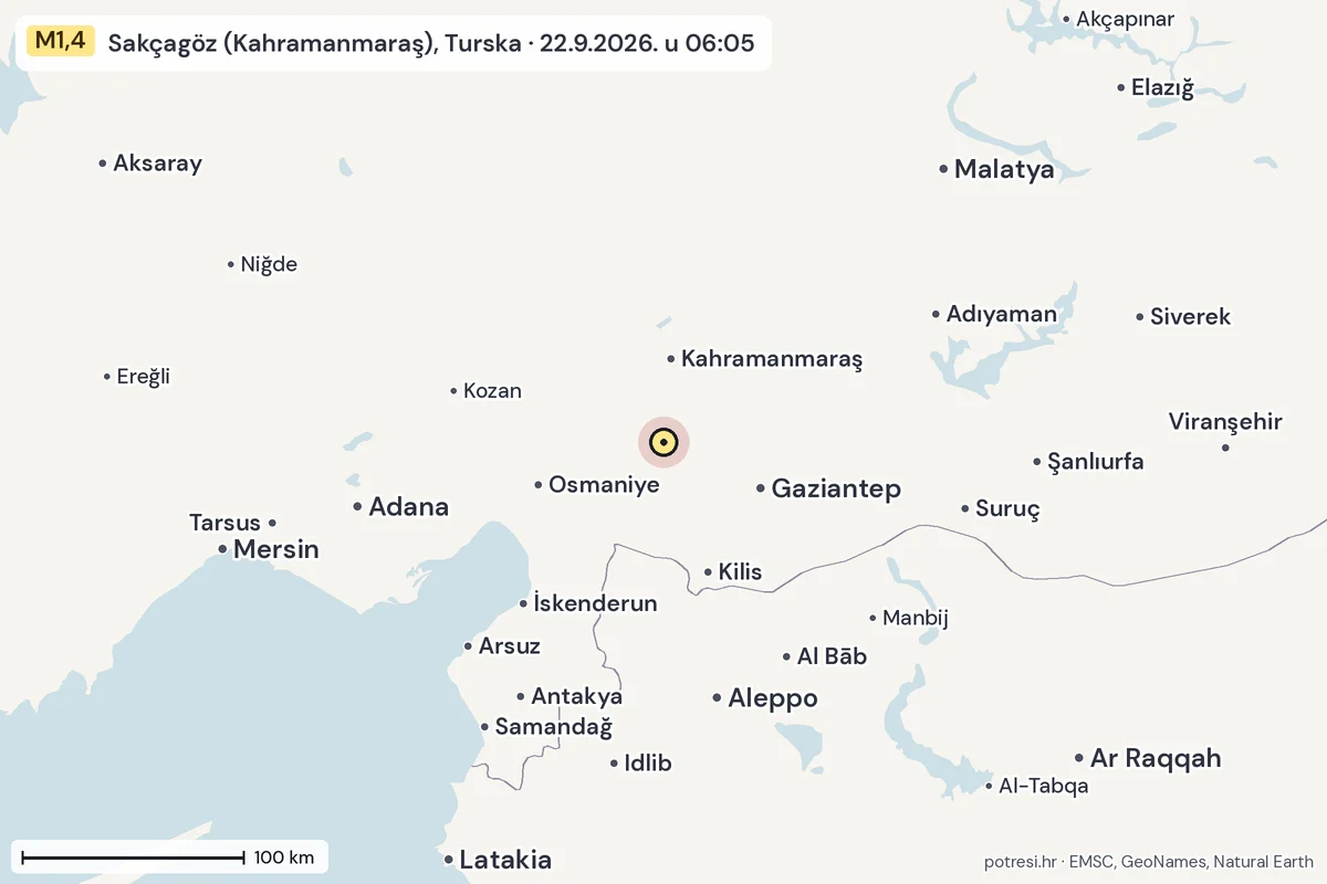 Karta: šire područje, 600 km, potres M1,4, Sakçagöz (Kahramanmaraş), Turska, 22.9.2026.