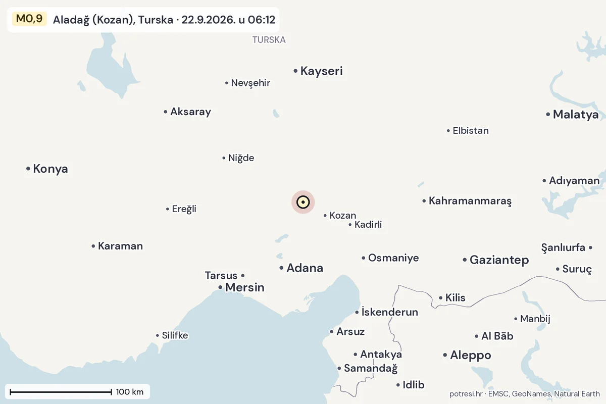 Karta: šire područje, 600 km, potres M0,9, Aladağ (Kozan), Turska, 22.9.2026.